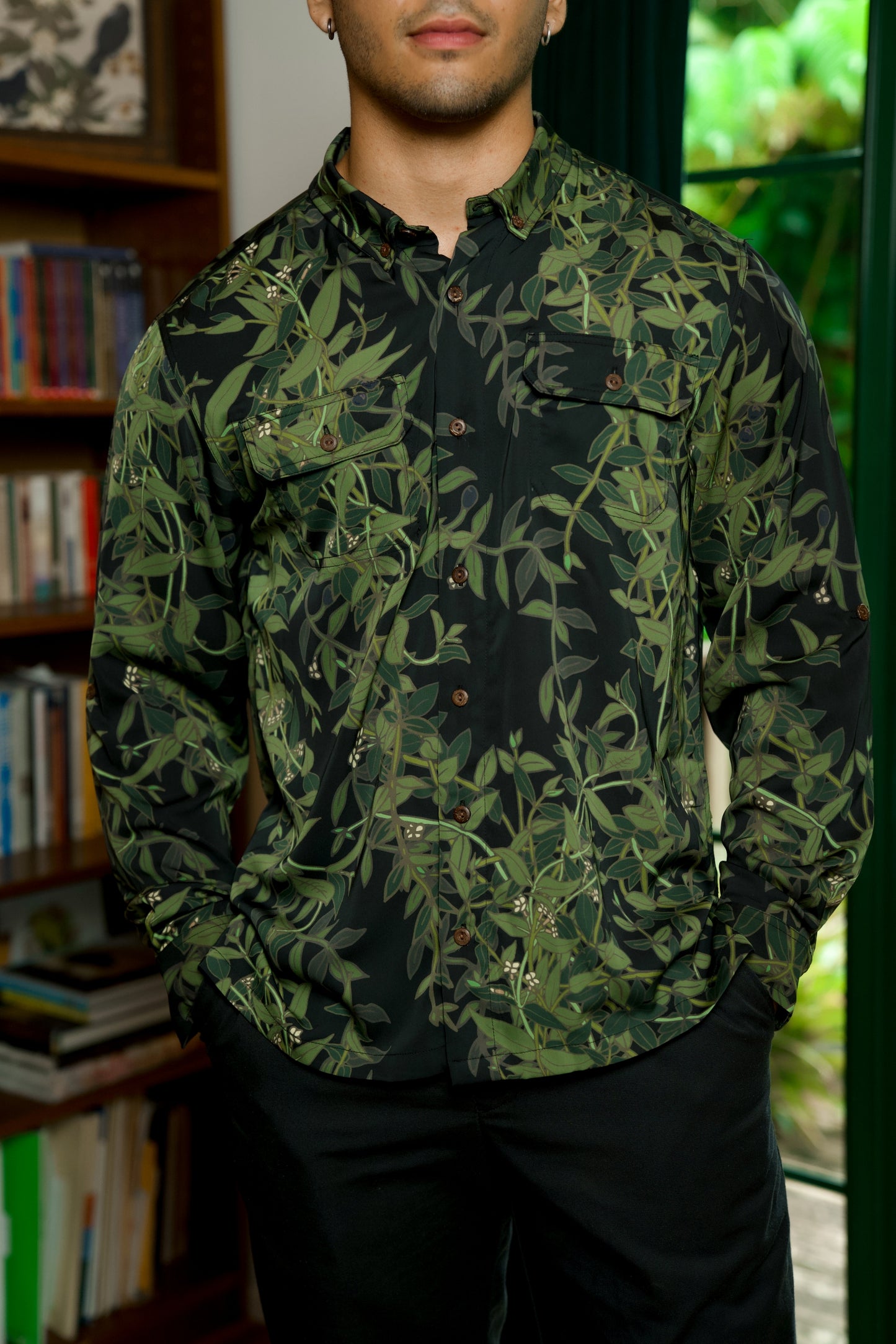 Maile Black Long Sleeve Aloha Shirt (Iron Free)