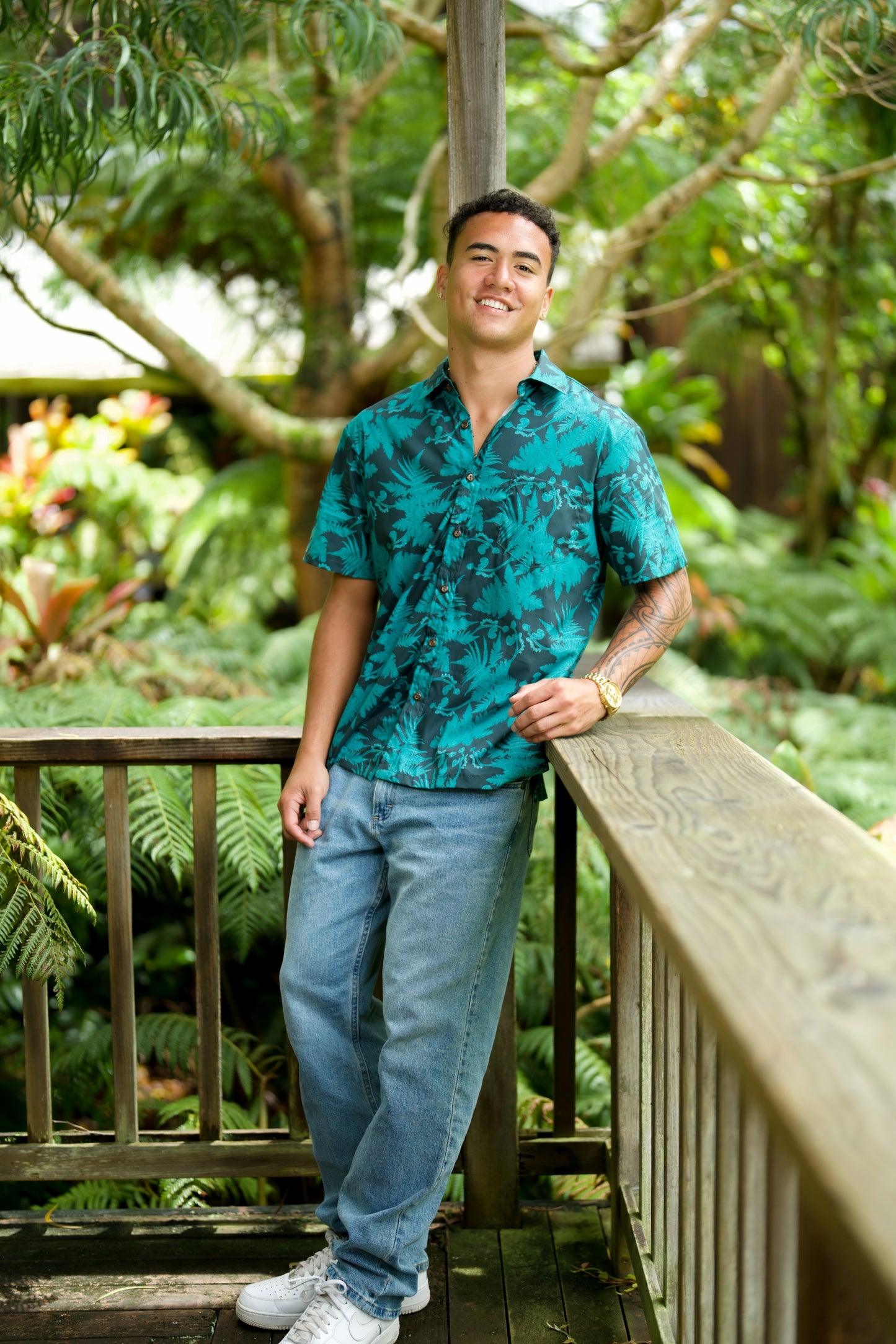 Teal Hāpu‘u Tree Fern Aloha Shirt
