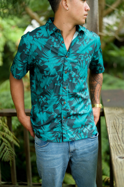 Teal Hāpu‘u Tree Fern Aloha Shirt
