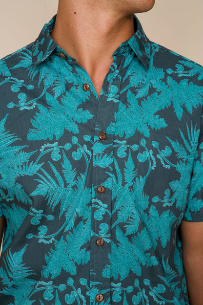 Teal Hāpu‘u Tree Fern Aloha Shirt