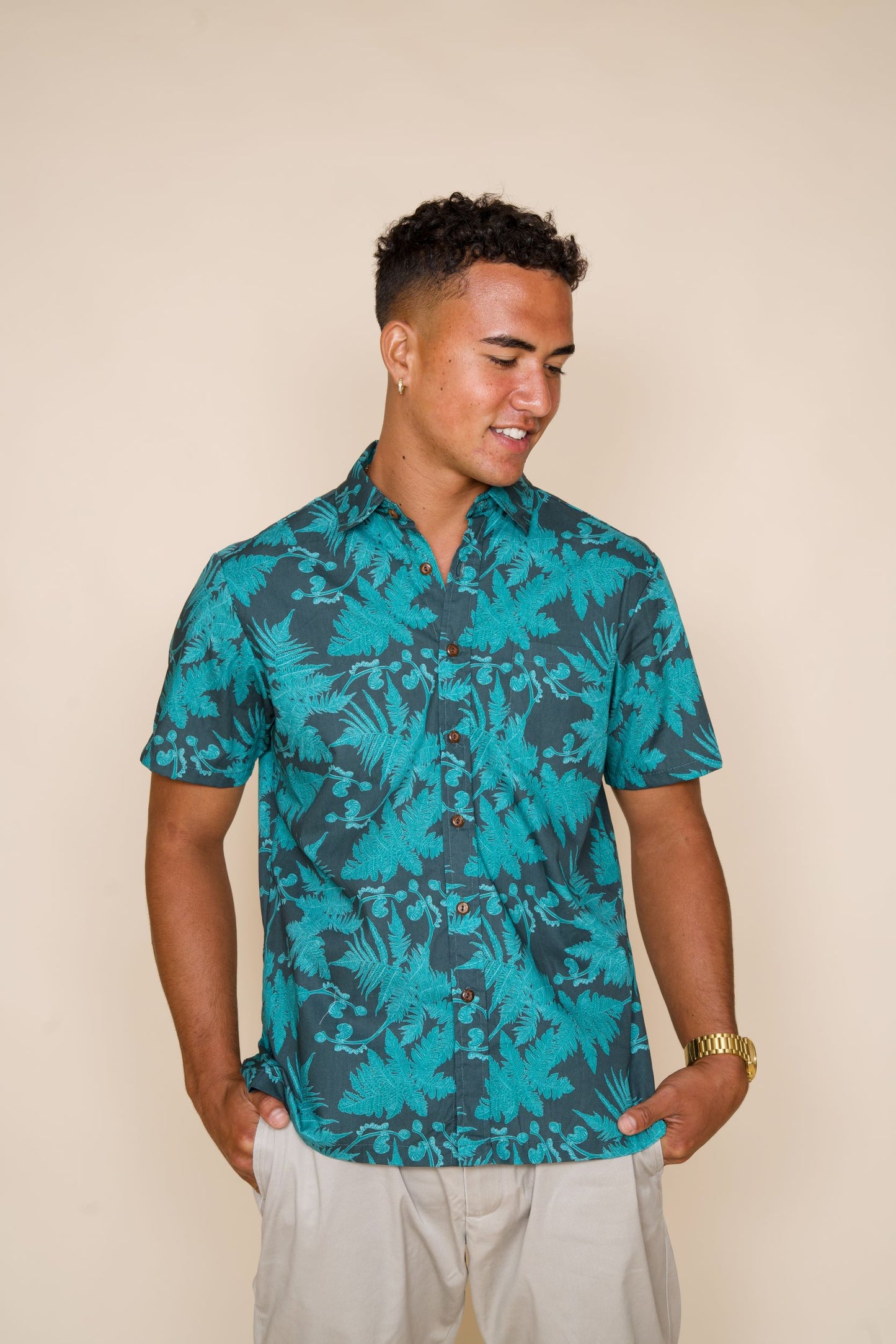 Teal Hāpu‘u Tree Fern Aloha Shirt