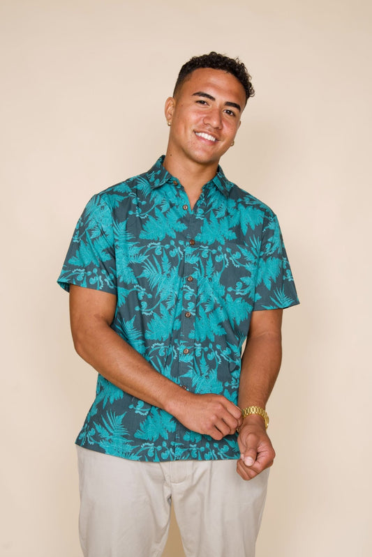 Teal Hāpu‘u Tree Fern Aloha Shirt