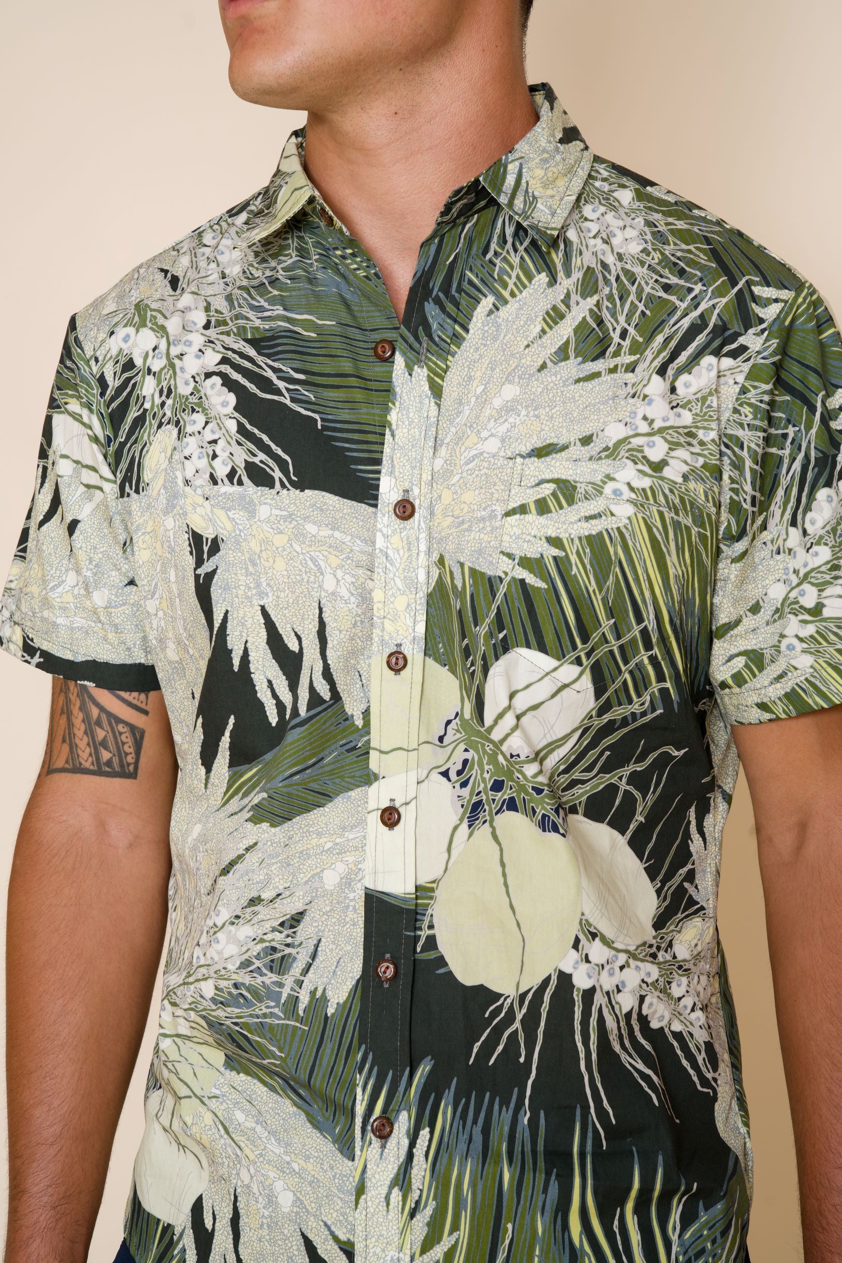 Mens Green Aloha Shirt - Coconut Fronds — David Shepard – David