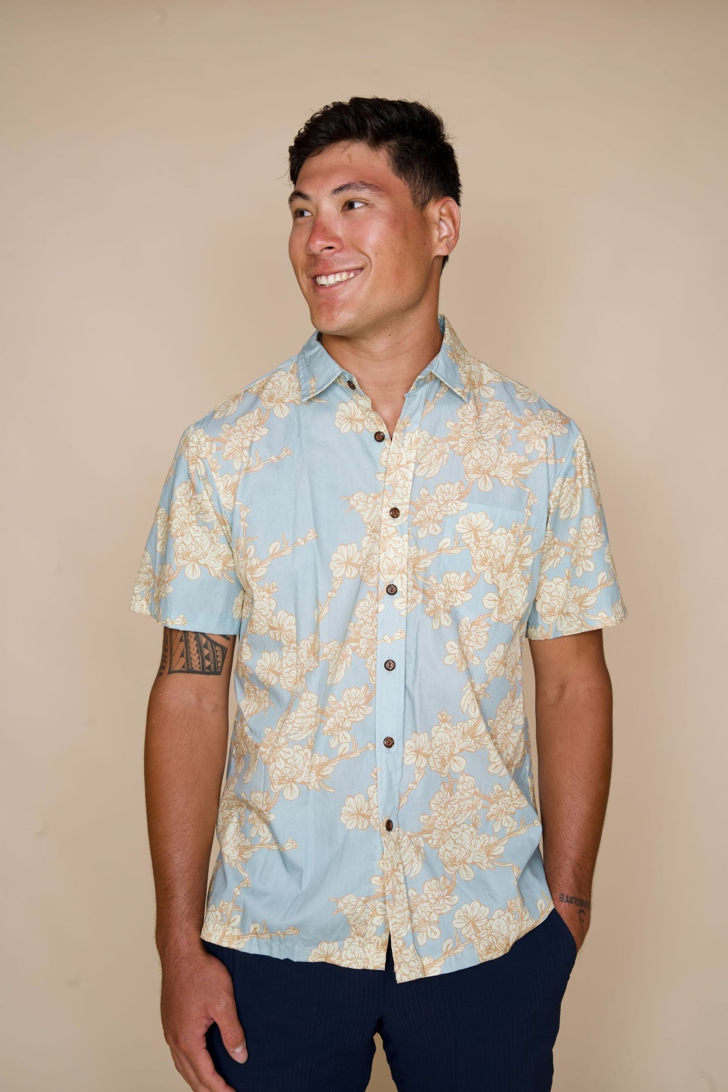 Dwarf Naupaka Sky Blue Aloha Shirt