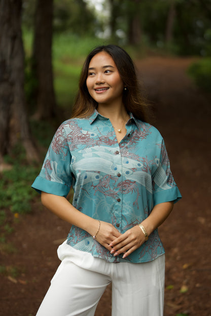 Limu Manauea & 'Ama'ama Women's Kimono Sleeve Aloha Shirt