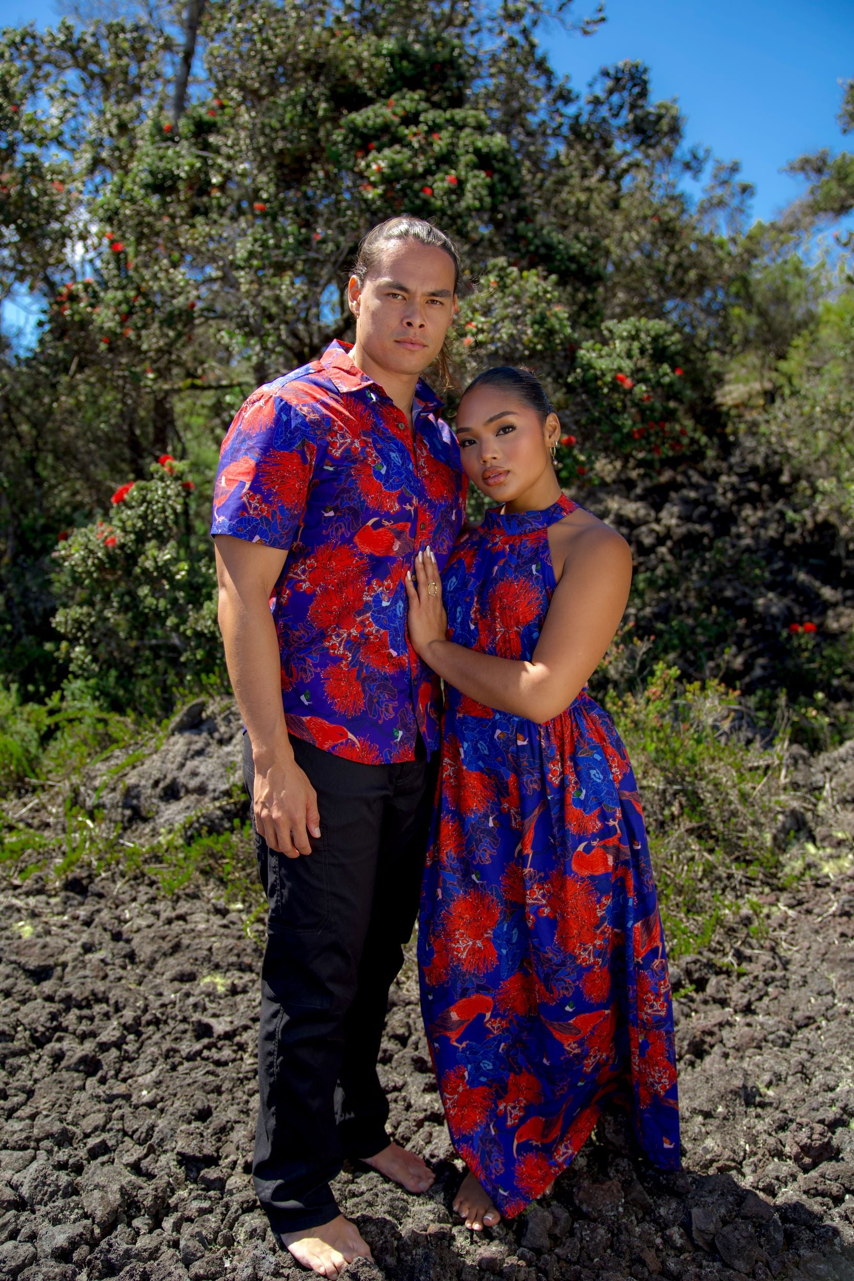 Kaniakapūpū 'Ōhi'a Lehua ʻUla Poni Blue & Red Men's Aloha Shirt