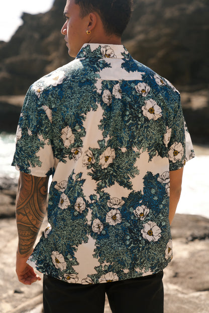 Puakala Blue on White Aloha Shirt
