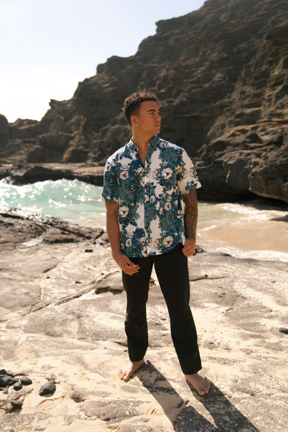 Puakala Blue on White Aloha Shirt
