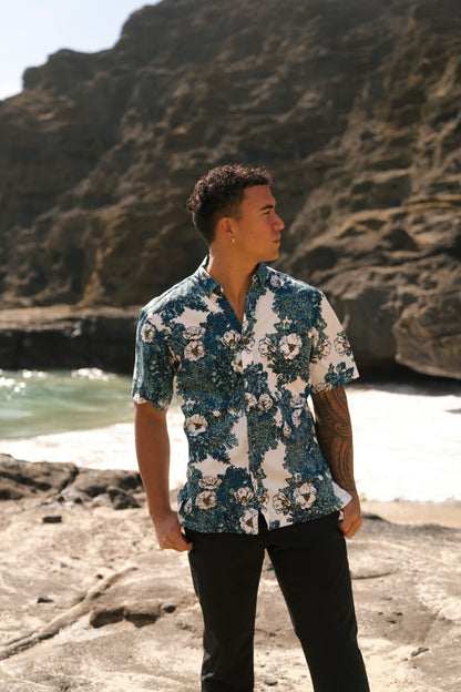 Puakala Blue on White Aloha Shirt