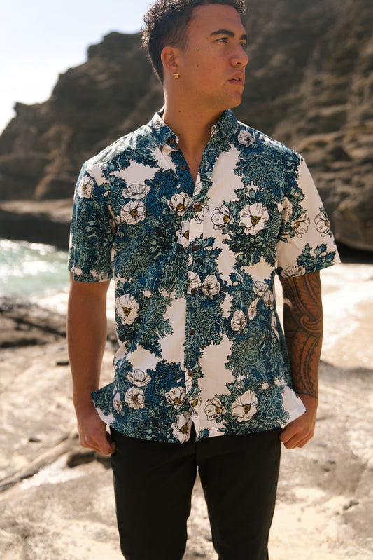 Puakala Blue on White Aloha Shirt