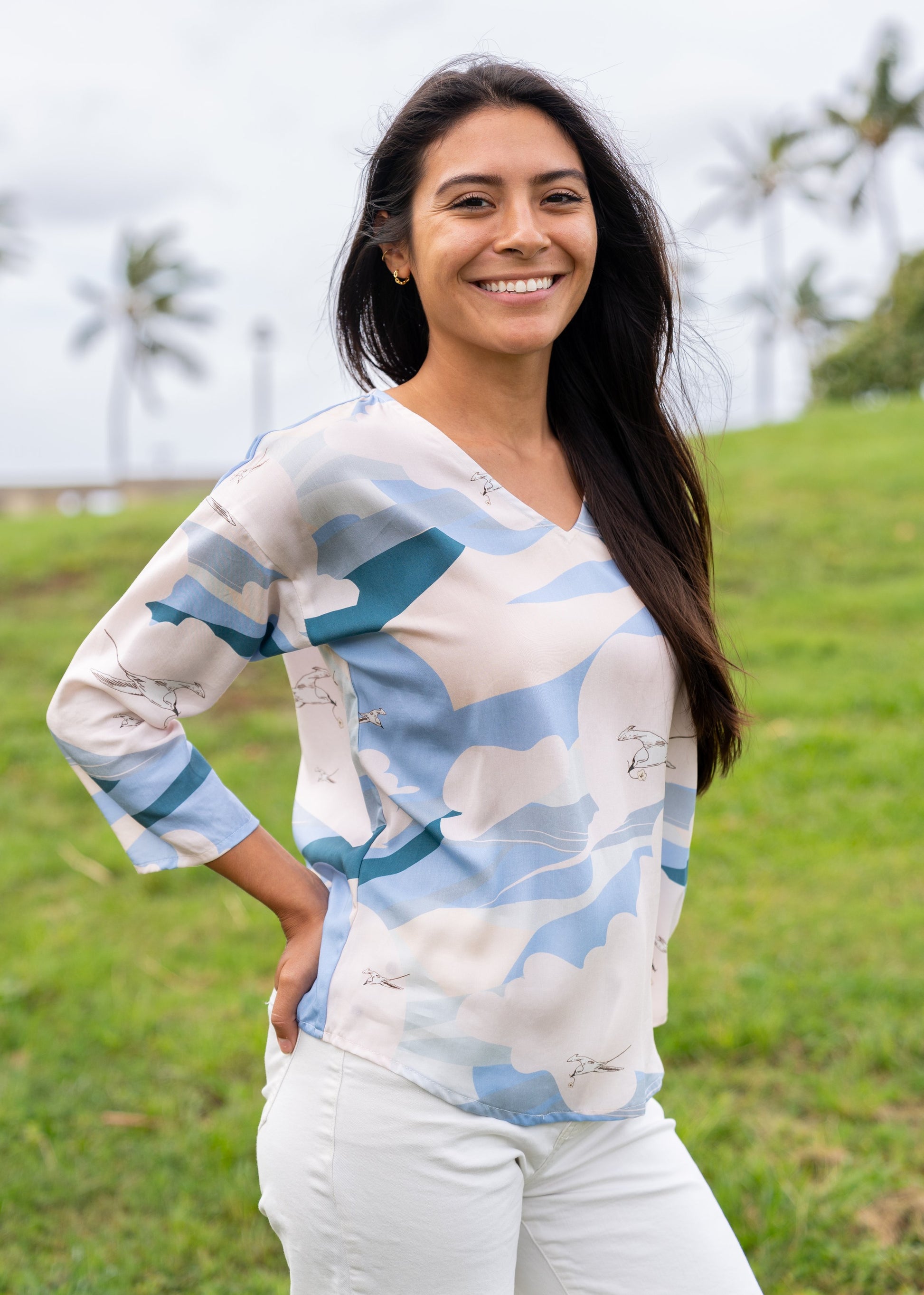 Soaring Koa‘e Kea Pale Pink V-Neck Blouse