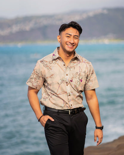 Iliahi Sandalwood Tan Landscape Relaxed Fit Aloha Shirt