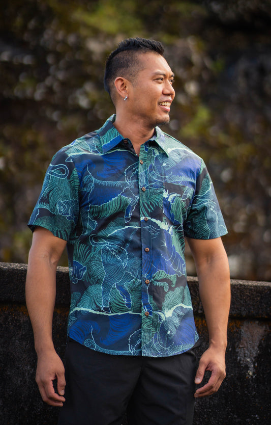 David Shepard Hawaii ‘A‘ali‘i Navy Blue Aloha Shirt S