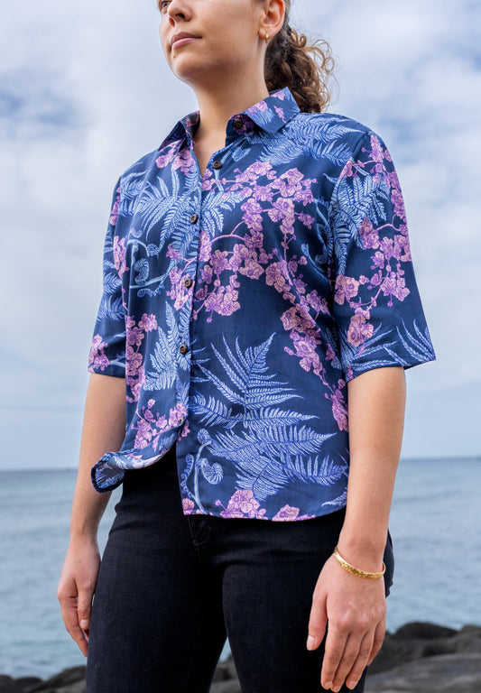 HĀPUʻU 'ILIMA Blue Women's Half-sleeve Aloha Shirt
