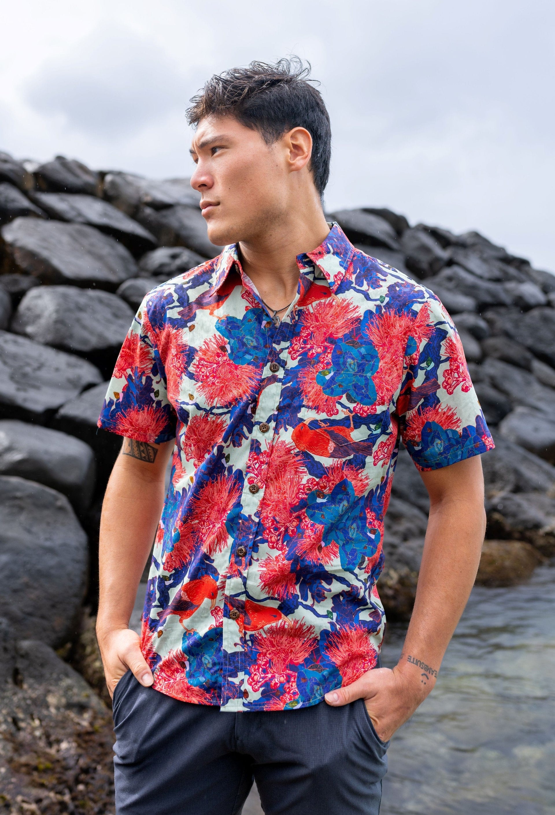 Hawaiian Style Pink Flower Blue Leaf Men's Hawaiian Shirt Summer