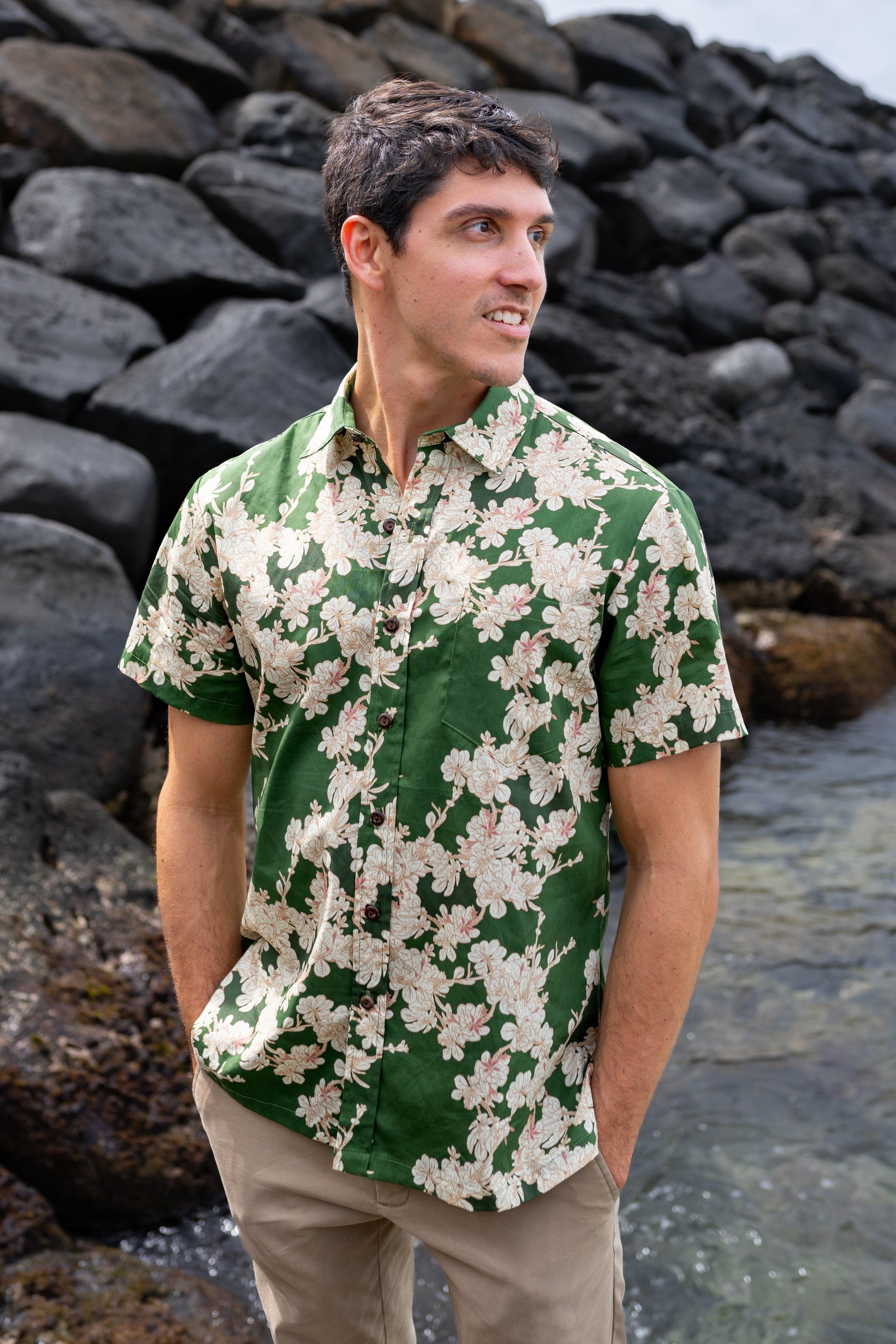 Dwarf Naupaka Green Aloha Shirt