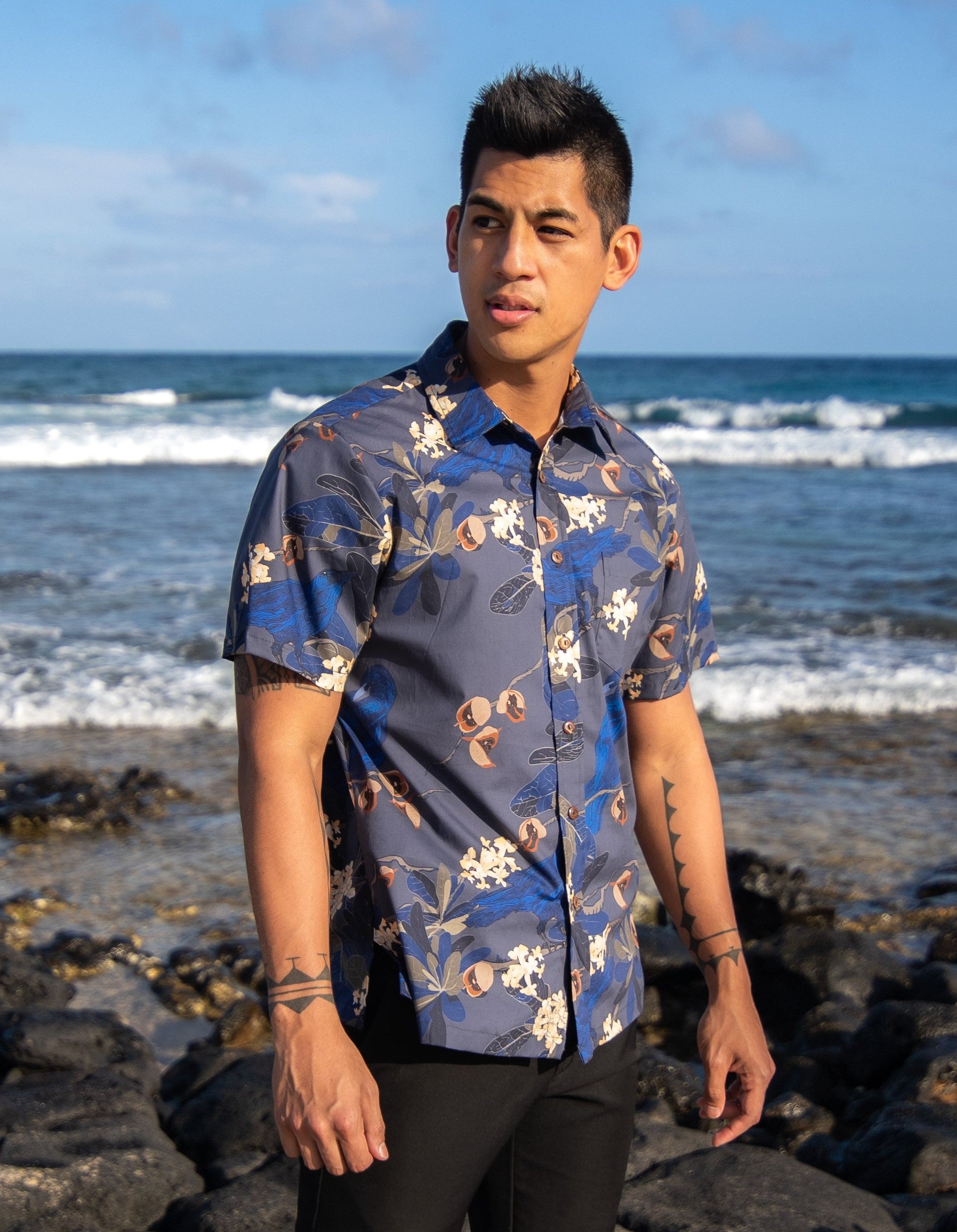 Men's Dark blue modern aloha shirt