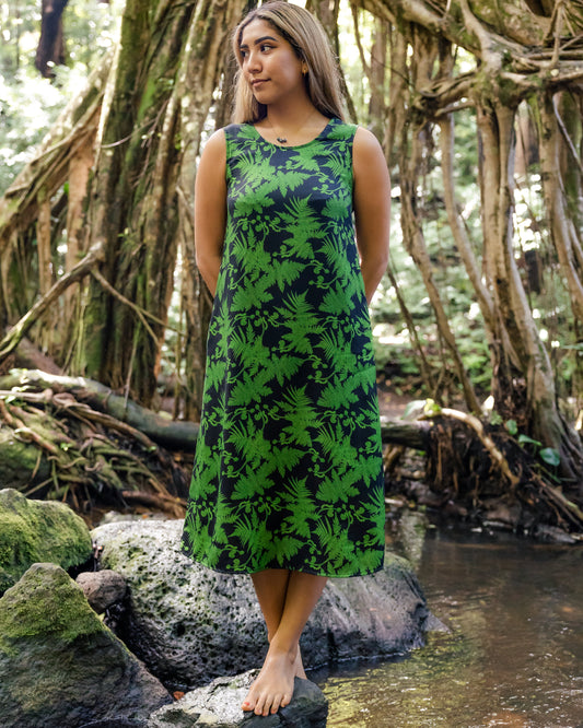 Green Hāpu'u Tree Fern Sleeveless Midi Dress