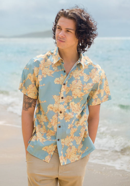 Dwarf Naupaka Sky Blue Aloha Shirt