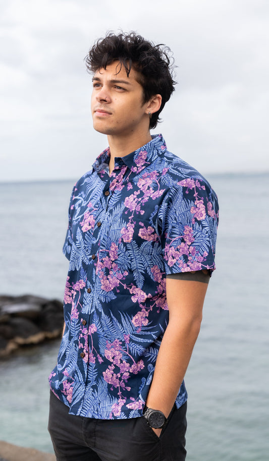 Men's Blue and Pink Aloha Shirt